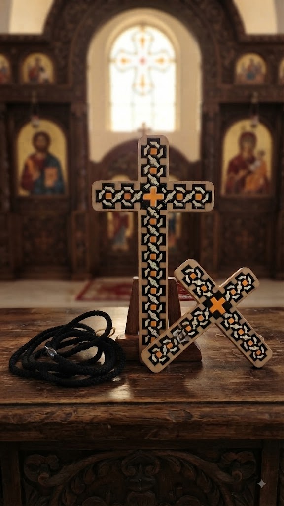 مجموعة صليب يد و صدر للكاهن لون اسود في ابيض ب حبل اسود - حجم اليد