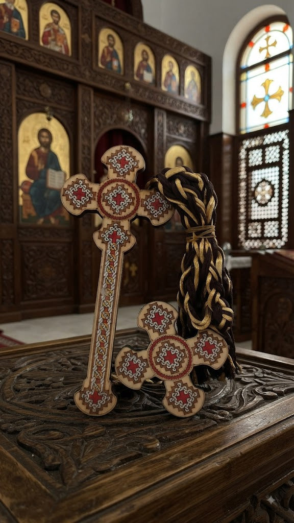 مجموعة صليب يد و صدر للكاهن ب حبل بني في ذهبي - حجم متوسط