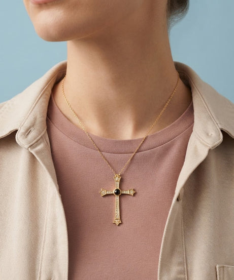 سلسلة ستانليس تيل ذهبي - صليب ذهبي بعدسة