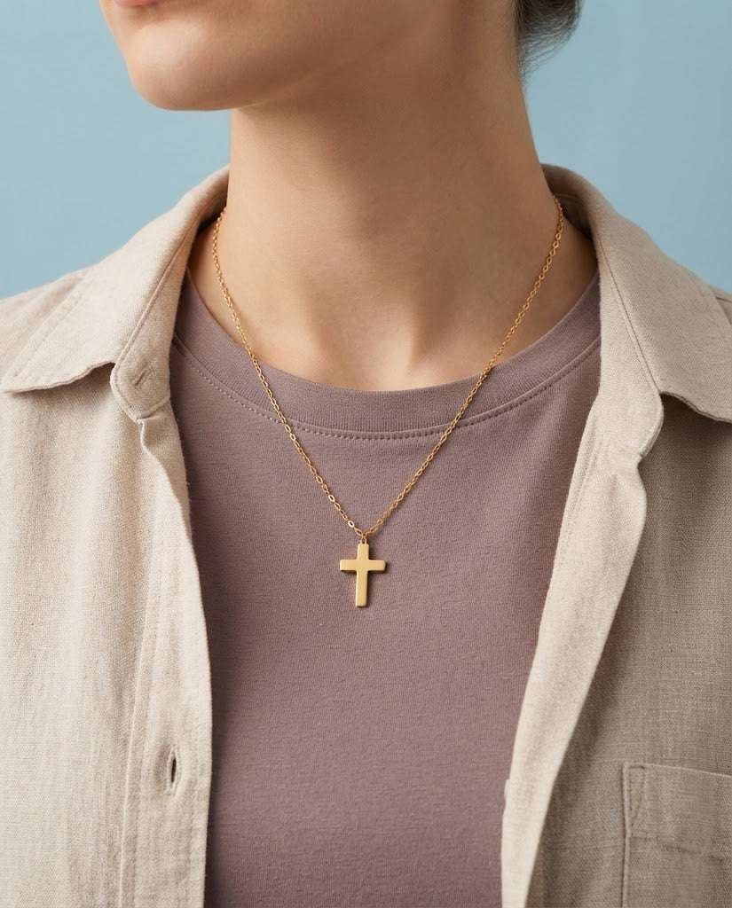 سلسلة ستانليس تيل ذهبي - صليب بعرض الرقبة