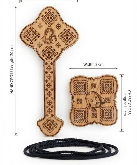 مجموعة صليب يد وصدر خشبي بصلبان محفورة وحبل أسود - دير المحرق